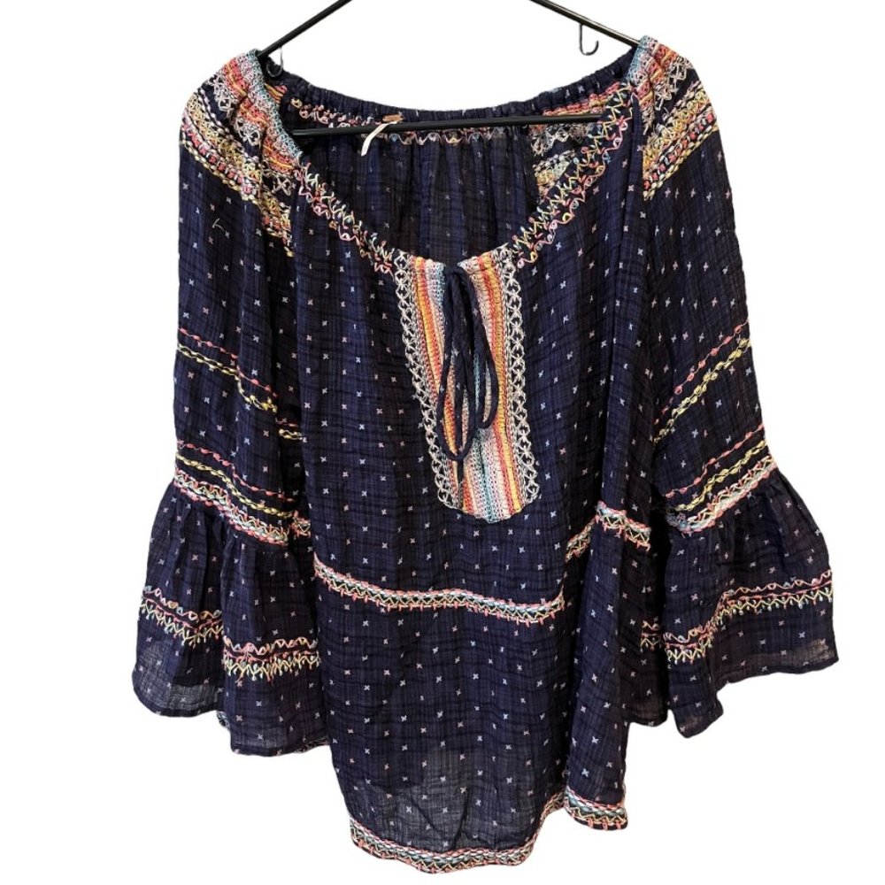 Free People Embroidered Blue Top